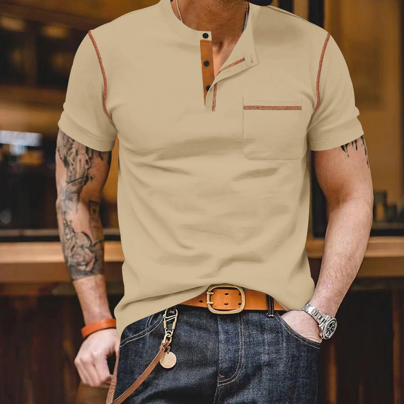 Herren nan kurzärmeliges Henley-Shirt mit Stehkragen, Brusttasche und kontrastierenden Ziernähten R&B