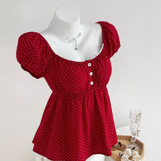 Damen Sommerkleid mit Puffärmeln und süßem Punkten R&B