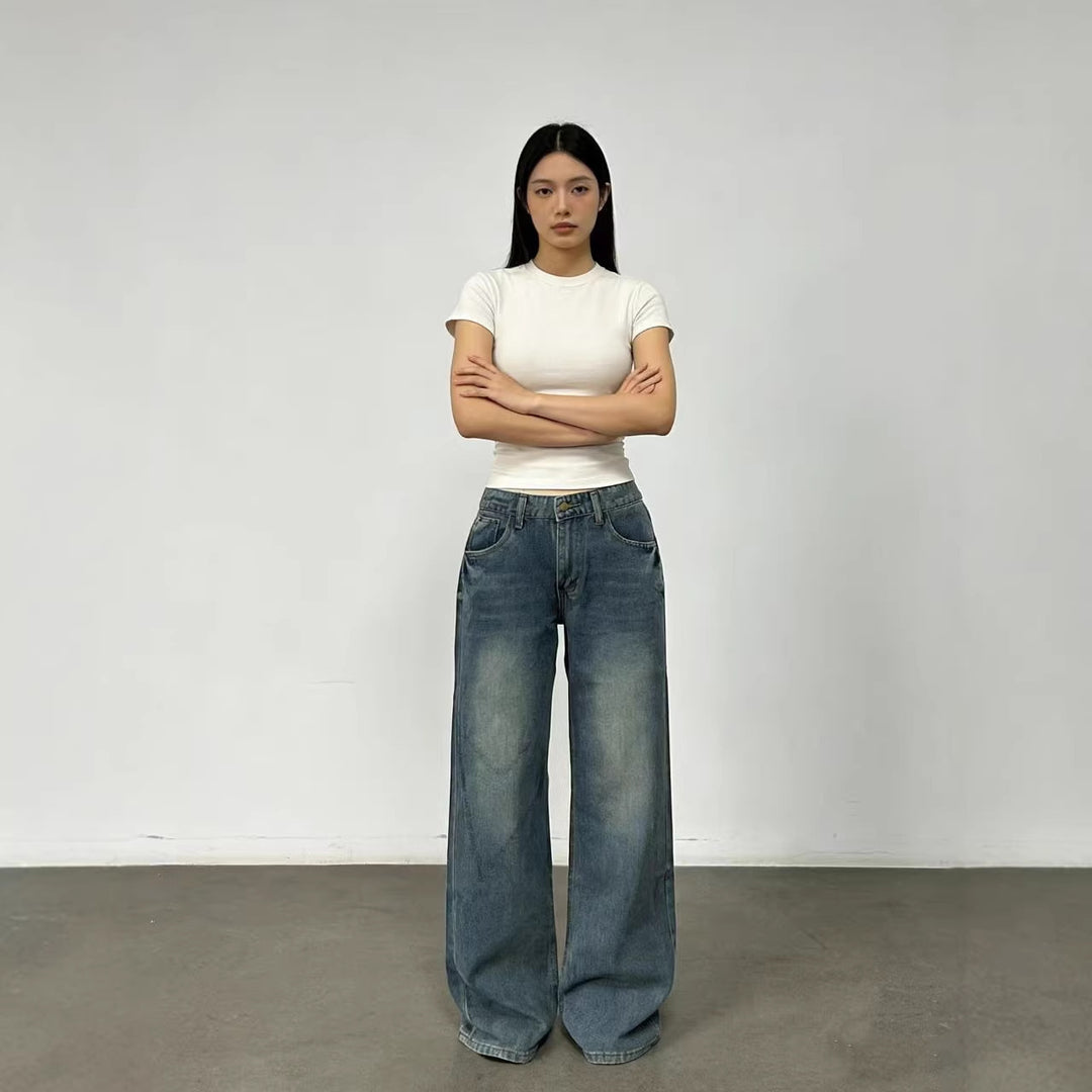 Damen weite High-Waist Jeans mit lässigem Schnitt und individuellen Waschungen R&B