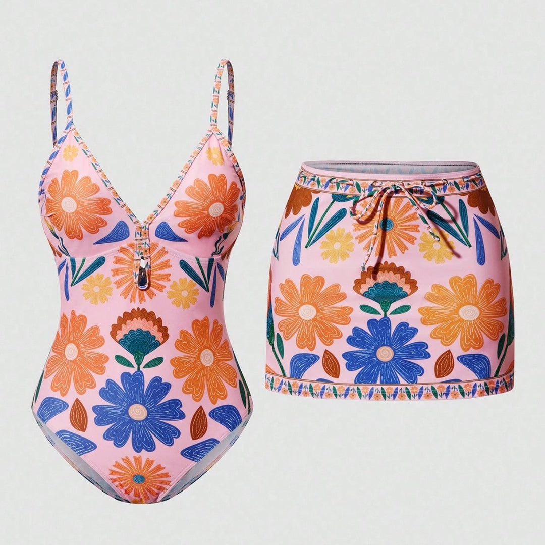 Damen Badeanzug mit floralem Design und abnehmbarem Rock R&B