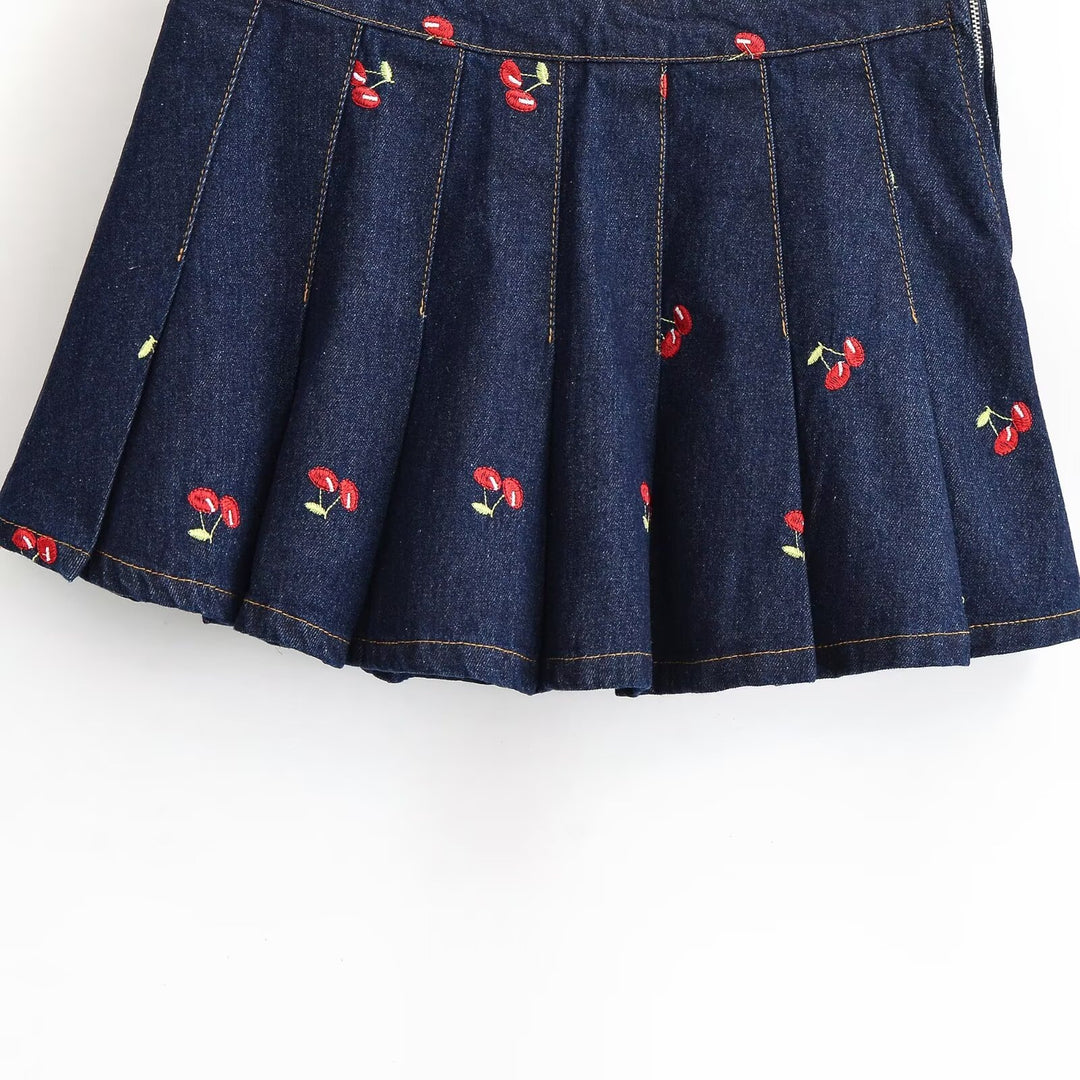 Damen Jeansrock mit aufwendigen Stickereien und plissiertem Design R&B