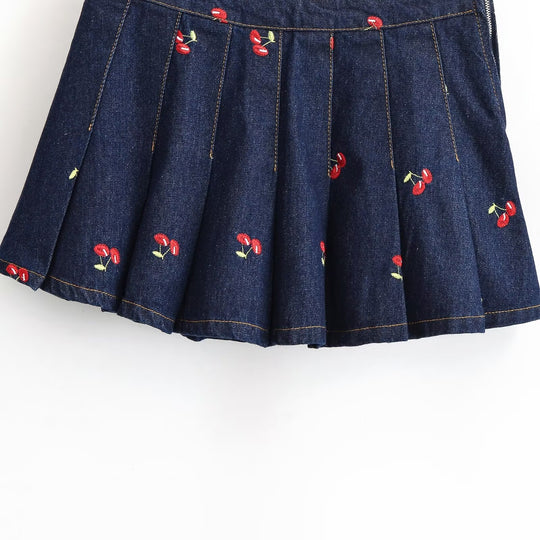 Damen Jeansrock mit aufwendigen Stickereien und plissiertem Design R&B
