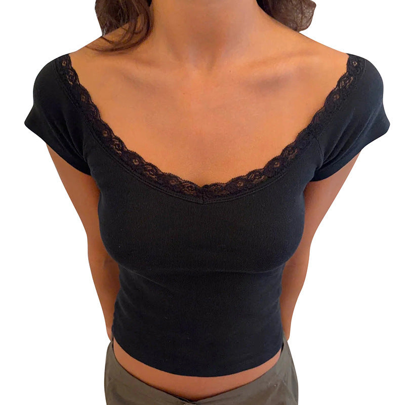 Damen Crop-Top mit Spitzenrand und Schulterfreiem Design R&B