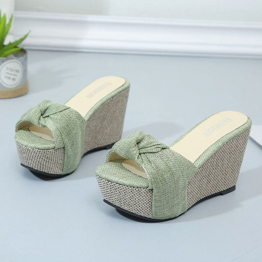 Damen nan Keil-Pantolette mit hohem Bast-Plateau und gedrehtem Textilriemen R&B