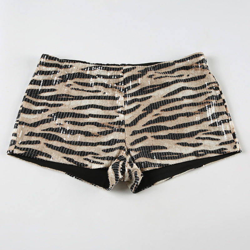 Damen Pailletten-Minikleid mit Leopardenmuster und verstellbaren Spaghettiträgern R&B