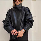 Unisex nan weite Bikerstil Kunstlederjacke mit Stehkragen und elastischem Saum R&B