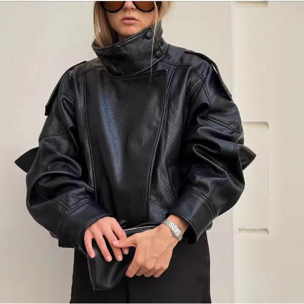 Unisex nan weite Bikerstil Kunstlederjacke mit Stehkragen und elastischem Saum R&B