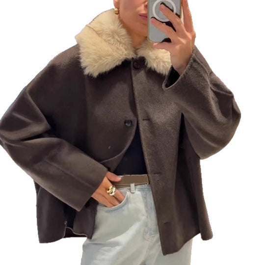 Damen elegante Oversized-Jacke mit Sherpa-Kragen R&B