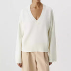 Damen Strickpullover mit tiefem V-Ausschnitt und lässigem Schnitt R&B