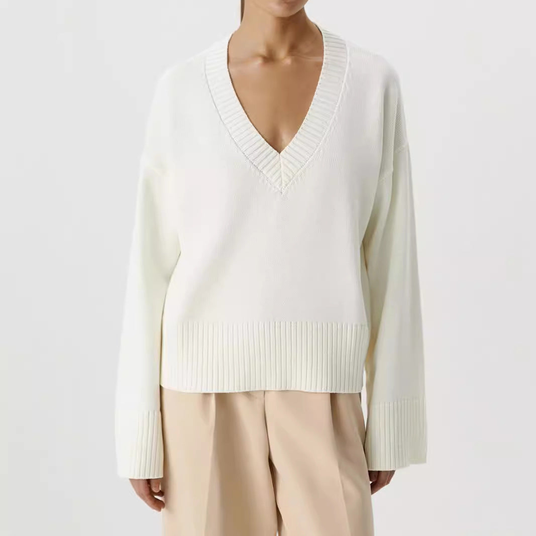 Damen Strickpullover mit tiefem V-Ausschnitt und lässigem Schnitt R&B