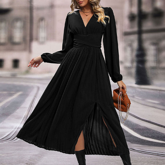 Damen Maxikleid mit V-Ausschnitt und langen Ärmeln R&B