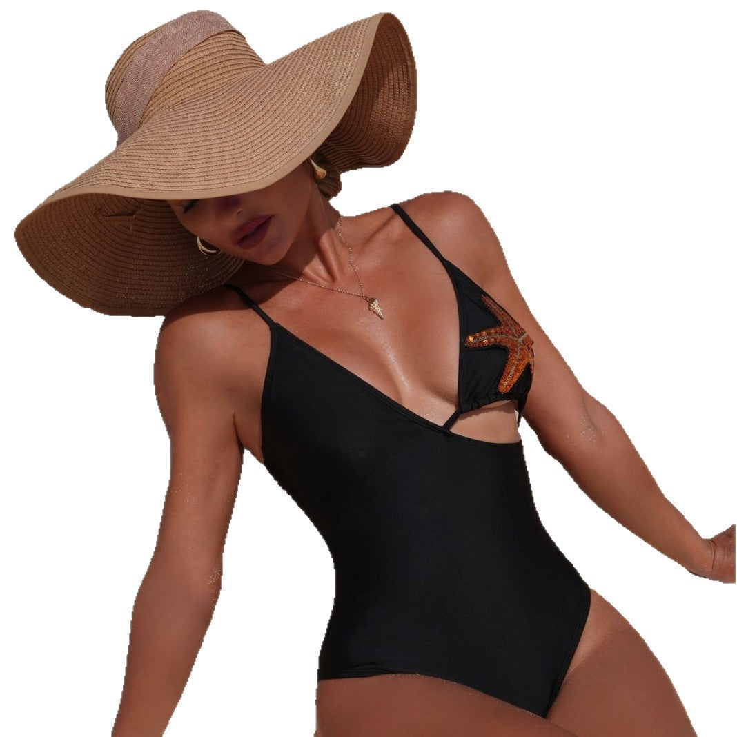 Damen Einteiler-Badeanzug mit asymmetrischem Cut-Out und funkelnder Applikation R&B