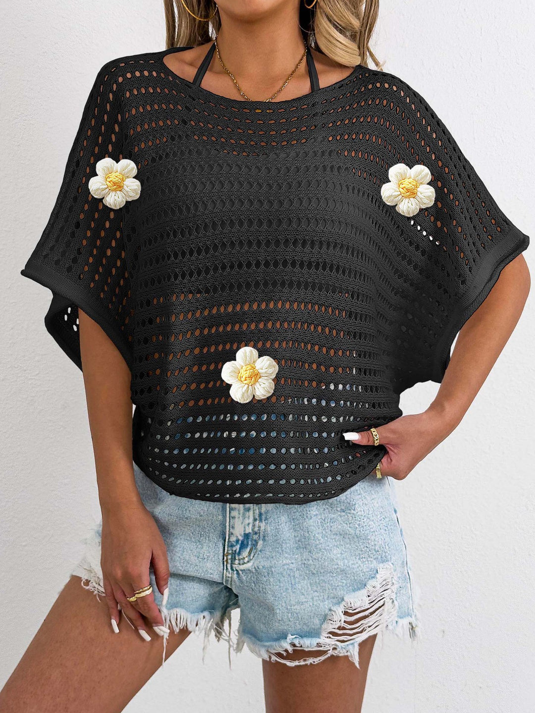 Damen lässiger Häkel-Oberteil mit dekorativen Blumen R&B