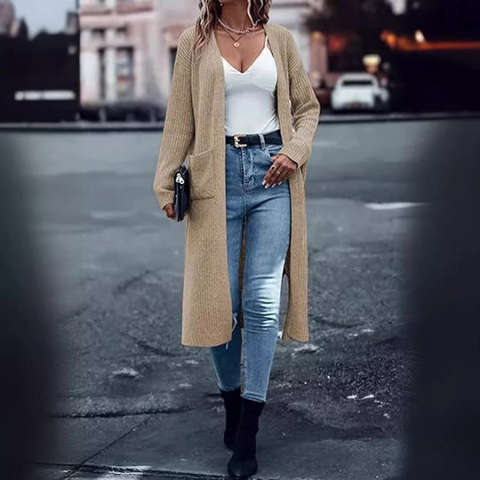 Damen Strickmantel mit langen Ärmeln und praktischen Taschen R&B