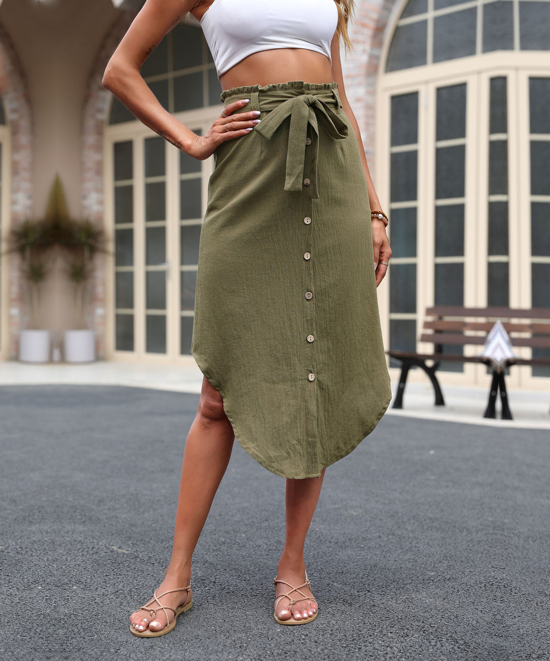 Damen Midi Rock mit dekorativem Bindegürtel und Knopfdetails R&B