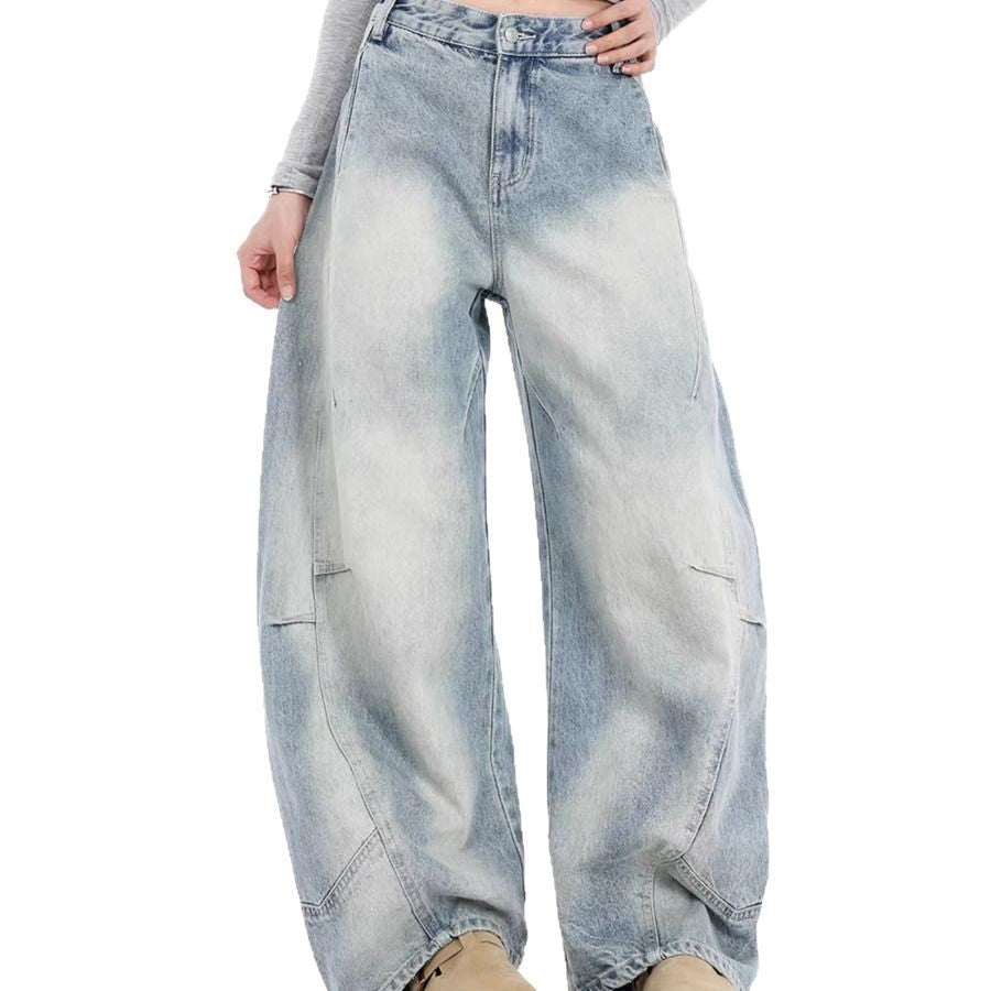 Damen Oversized Denim-Jeans mit weitem Beinschnitt und einzigartigem Waschungseffekt R&B
