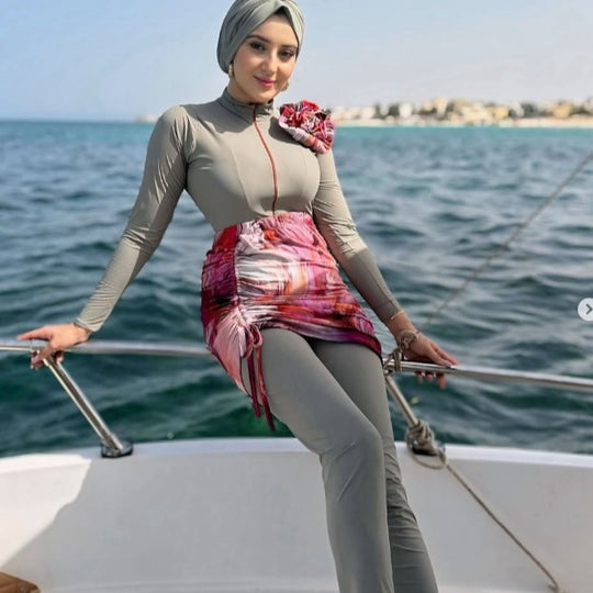Damen Modischer UV-Schutz-Badeanzug mit Wickelrock und langem Arm R&B