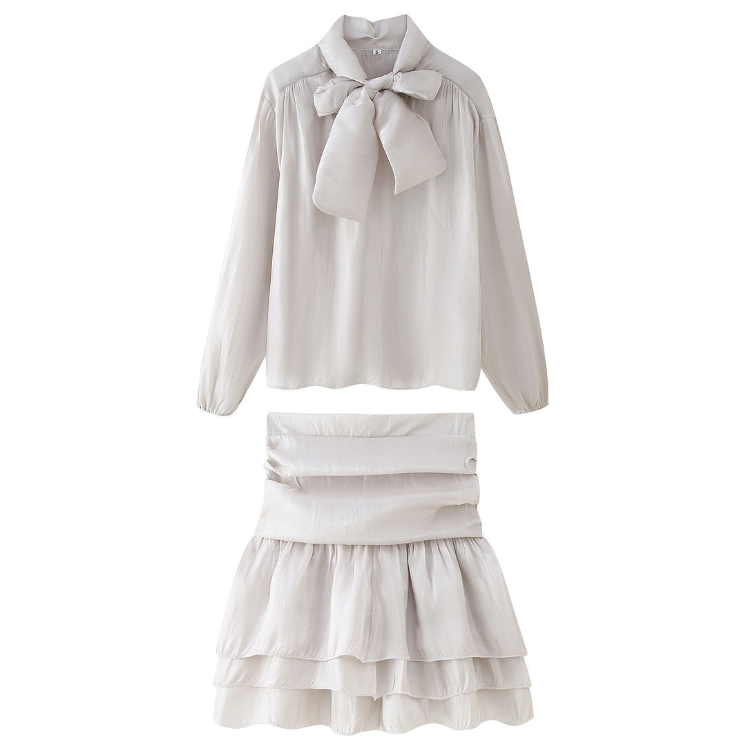 Damen Set aus eleganter Bluse mit Schleifendetail und voluminösem Rock R&B