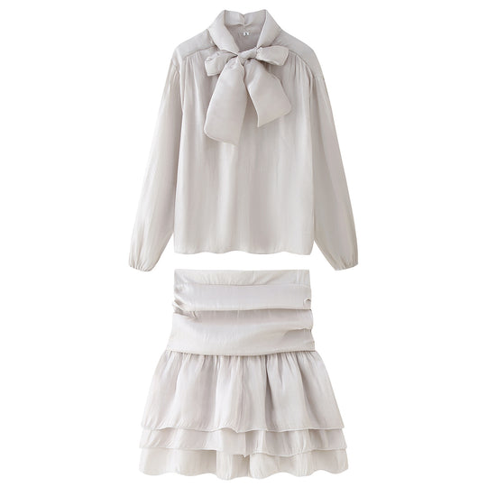 Damen Set aus eleganter Bluse mit Schleifendetail und voluminösem Rock R&B