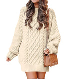 Damen Grober Strickpullover mit voluminösen Ärmeln und dekorativem Zopfmuster R&B