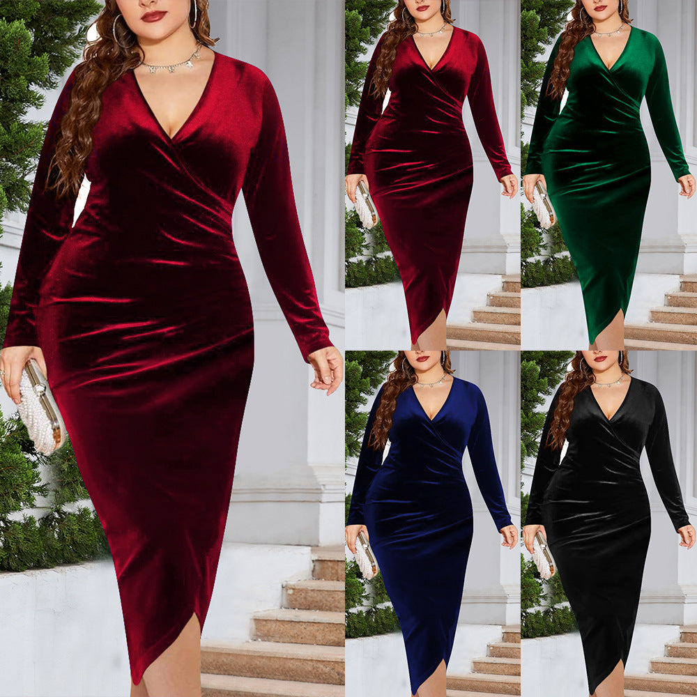 Damen Elegantes Wickelkleid aus luxuriösem Samt mit langem Arm und tiefem V-Ausschnitt R&B