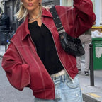 Damen Kunstlederjacke mit elastischen Bündchen und hochschließendem Kragen R&B