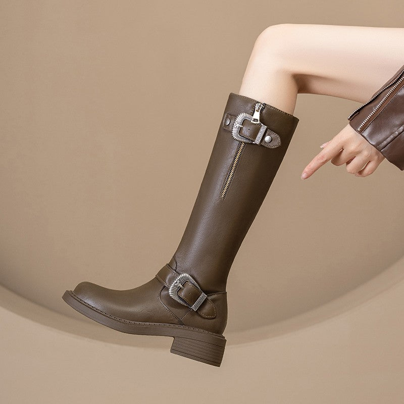 Damen modische Lederstiefel mit trendy Schnallen und komfortabler Sohle R&B