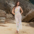 Damen transparenter Häkel-Strandüberwurf mit floralen Applikationen R&B