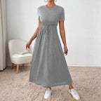 Damen lässiges Maxikleid mit elastischem Taillenbund und Rundhalsausschnitt R&B