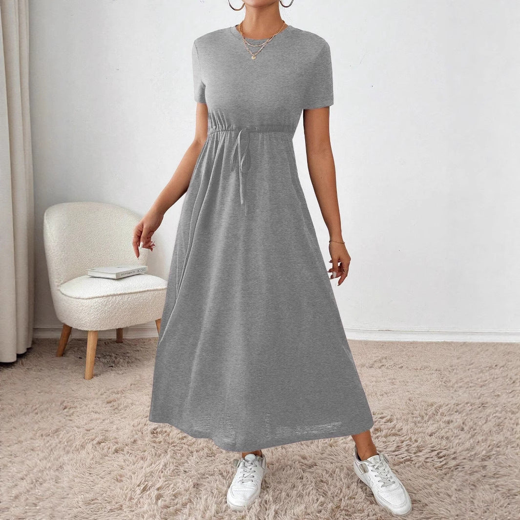 Damen lässiges Maxikleid mit elastischem Taillenbund und Rundhalsausschnitt R&B