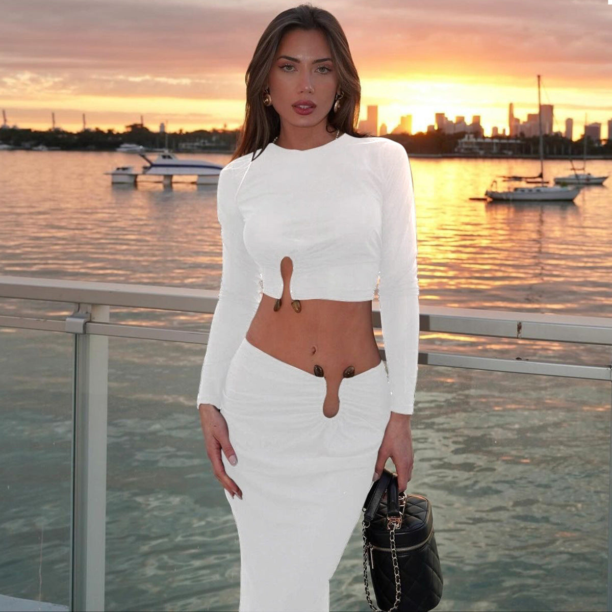 Damen Crop-Top und Maxi-Rock Kombi mit hohem Schlitz und eleganter Raffung R&B