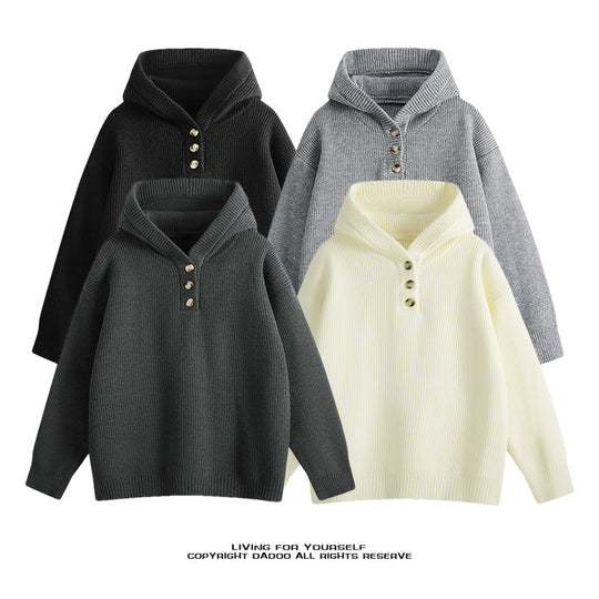 Damen Hochwertiger Strickpullover mit Stehkragen und Knopfdetails R&B