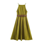 Damen Maxikleid mit schwingendem Saum und dekorativem Gürtel R&B