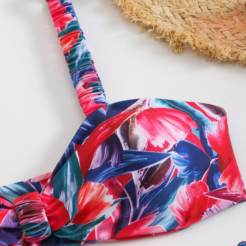 Damen Triangel-Bikini mit tropischem Druck und zarten Rüschen R&B