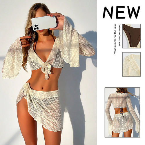 Damen Bikini-Set mit transparentem Oberteil, hohem Taillenslip und luftigem Rock R&B