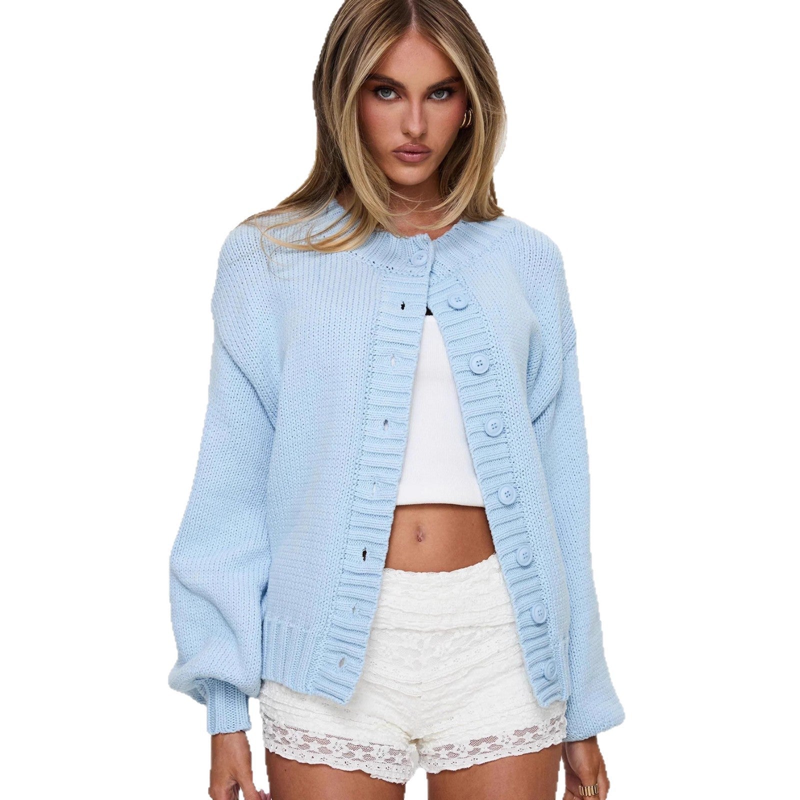 Damen gemütliche Strickjacke mit dekorativen Knopfdetails und voluminösen Ärmeln R&B