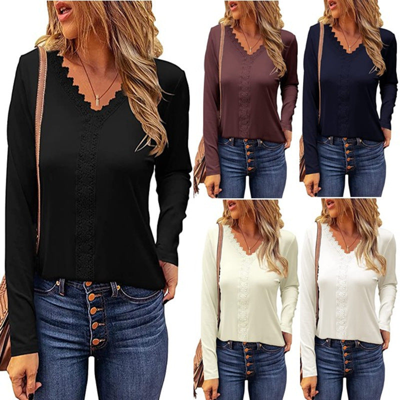 Damen elegantes V-Ausschnitt Longsleeve-Shirt mit Spitzenbesatz R&B