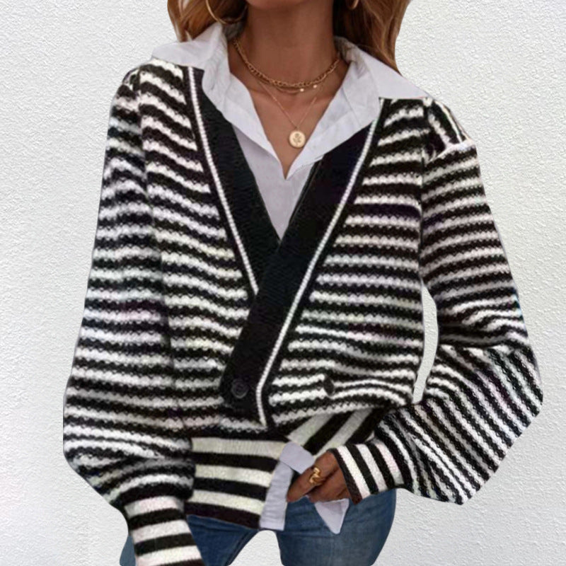 Damen Grobstrick Cardigan mit V-Ausschnitt und modernen Streifen R&B