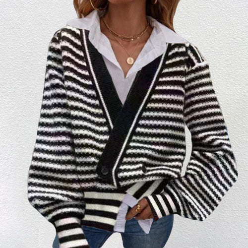 Damen Grobstrick Cardigan mit V-Ausschnitt und modernen Streifen R&B