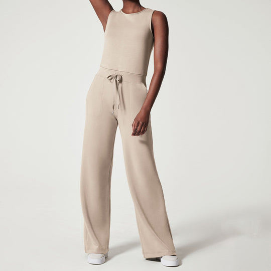 Damen nan ärmelloser Strick-Overall mit weitem Palazzo-Bein, Kordelbund und aufgesetzten Taschen R&B