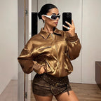 Damen Bomberjacke im glänzenden Satin-Look mit seitlichen Reißverschlusstaschen R&B