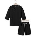Unisex nan lässiges Lounge-Set mit V-Ausschnitt-Oberteil und Kordelbund-Shorts R&B