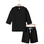 Unisex nan lässiges Lounge-Set mit V-Ausschnitt-Oberteil und Kordelbund-Shorts R&B