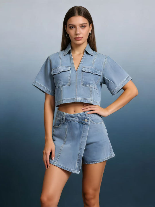 Damen modisches cropped Hemd mit aufgesetzten Taschen und lässigen Shorts R&B