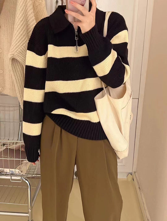 Damen Grob gestrickter Pullover mit modernem Streifenmuster und V-Ausschnitt R&B