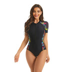 Damen Sportlicher Kurzarm Badeanzug mit buntem Muster R&B