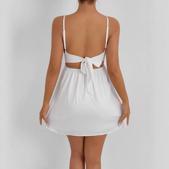 Damen Sommerliches V-Ausschnitt Kleid mit verstellbaren Spaghetti-Trägern und elastischer Taille R&B