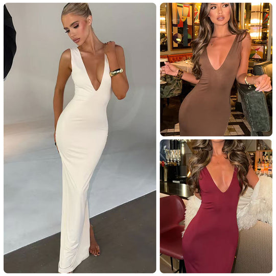 Damen figurbetontes Kleid mit tiefem V-Ausschnitt und schwingendem Saum R&B