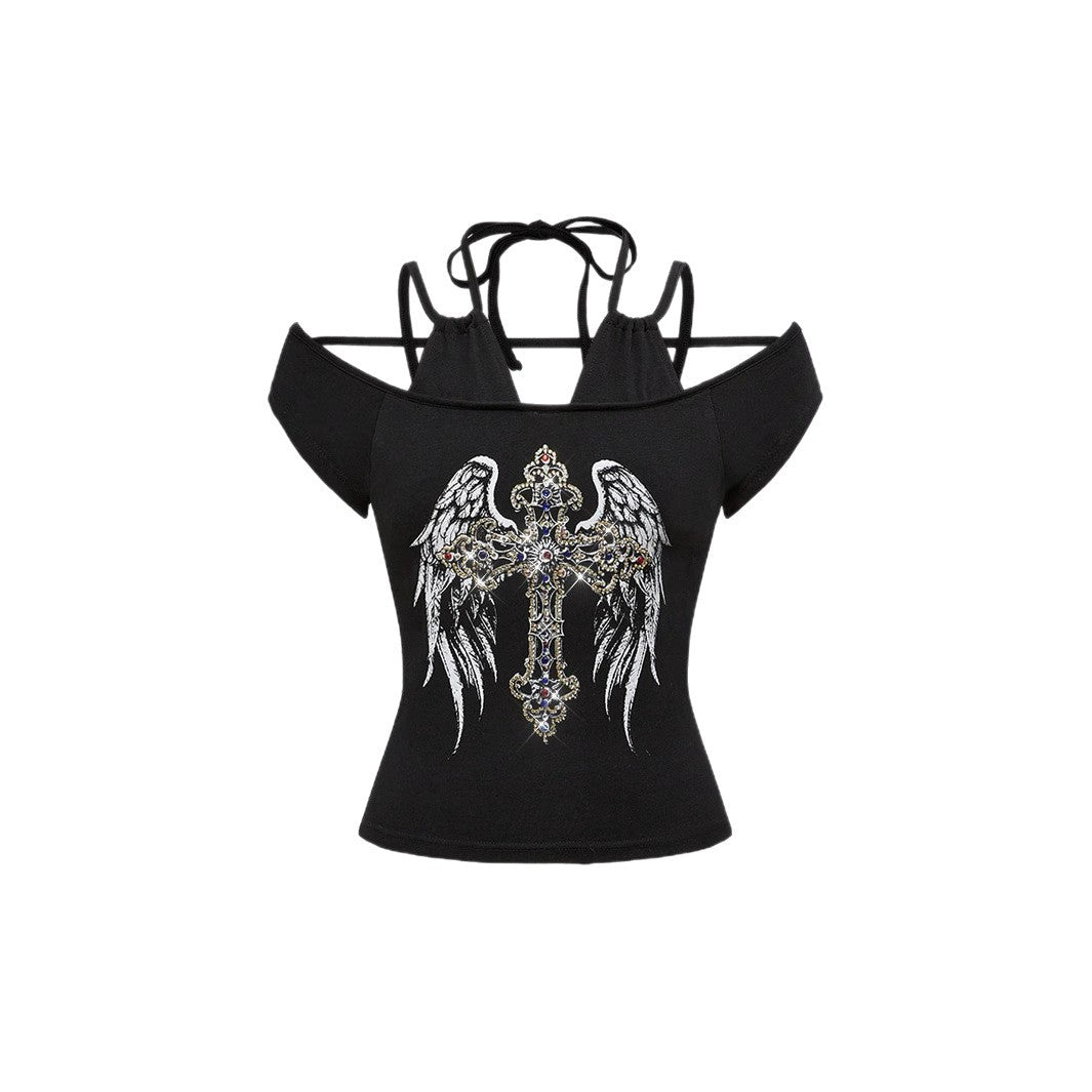 Damen Off-Shoulder Top mit funkelndem Kreuz-Design R&B