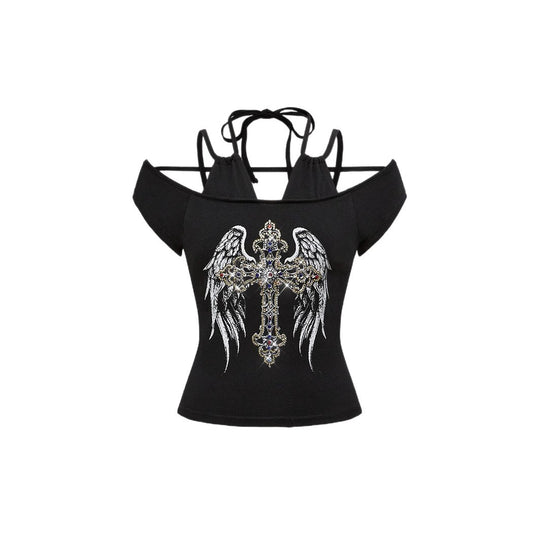 Damen Off-Shoulder Top mit funkelndem Kreuz-Design R&B